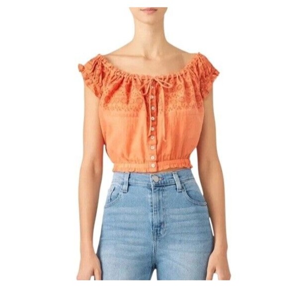 Free People Eyelet You A Lot Top Embroidered Buttondown Crop Off Shouler NWT LRG - Picture 1 of 9